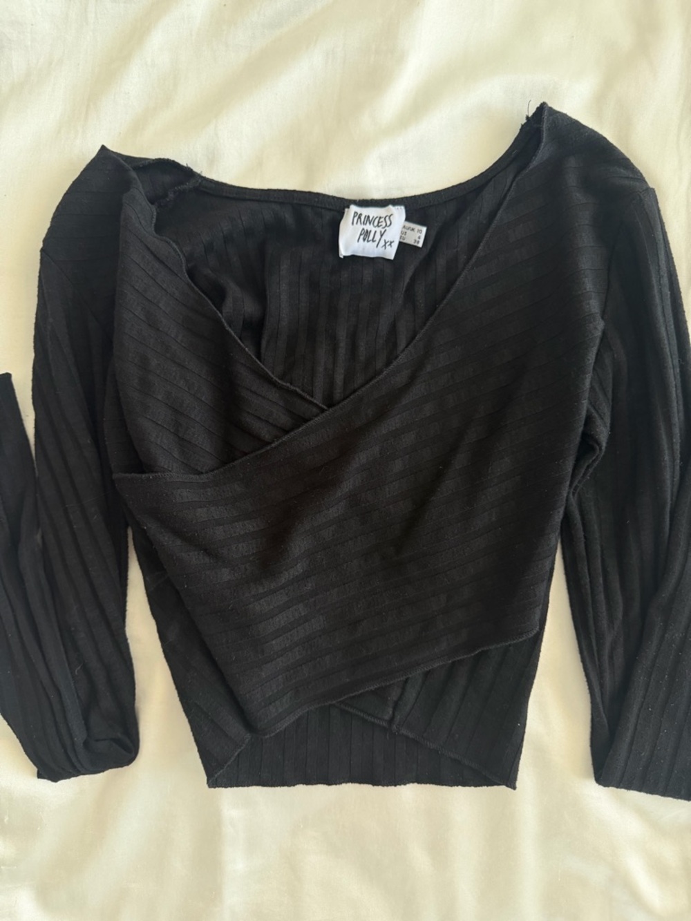 Princess Polly Black Ribbed Wrap-Around Long Sleeve Top